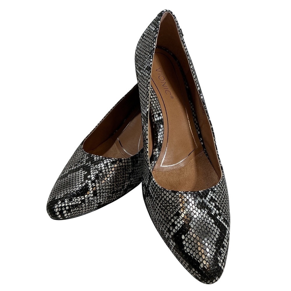 Vionic Mia VS305 Grey Black Snakeskin Leather Block Heel Pumps Almond Toe 7 Wide